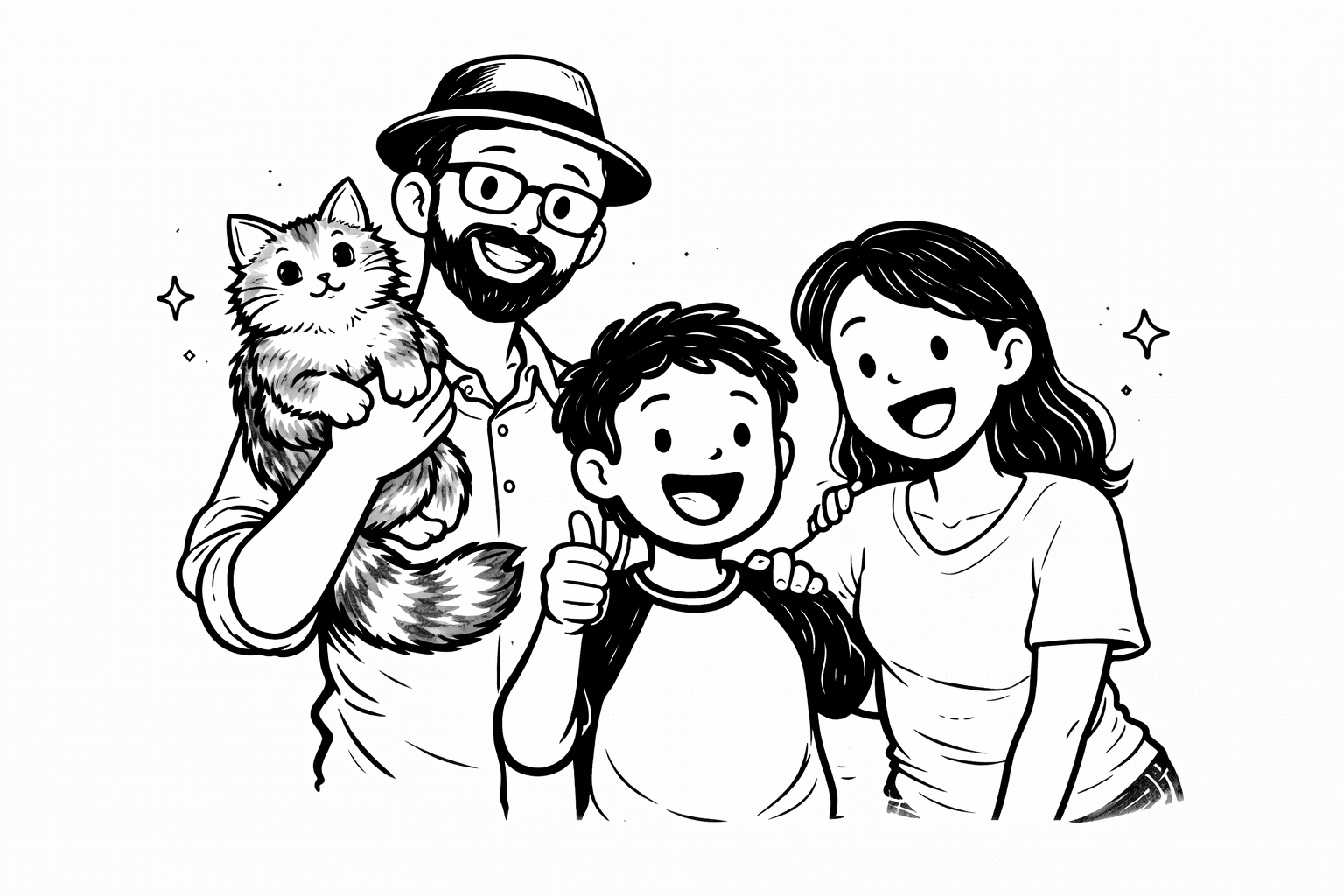 family with cat smiling and laughing